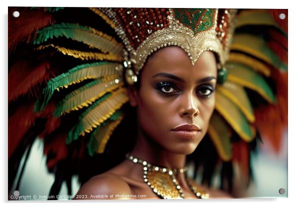 A beautiful black young woman adorned in traditional carnival cl Acrylic by Joaquin Corbalan