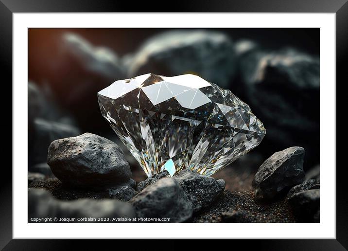 A polished diamond, among coal rocks. Ai generated Framed Mounted Print by Joaquin Corbalan