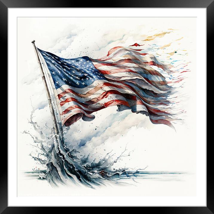 A patriotic painting of the American flag, sketched in watercolo Framed Mounted Print by Joaquin Corbalan