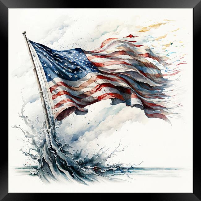 A patriotic painting of the American flag, sketched in watercolo Framed Print by Joaquin Corbalan