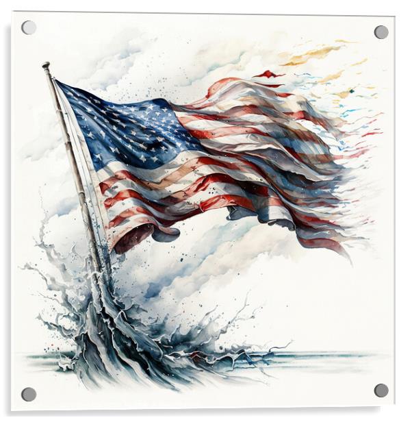 A patriotic painting of the American flag, sketched in watercolo Acrylic by Joaquin Corbalan