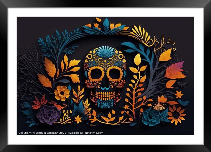 Design for the day of the dead in Mexico, with colorful skull, f Framed Mounted Print by Joaquin Corbalan