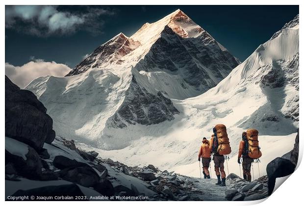 A group of mountaineers adventuring in the beautiful snowcapped  Print by Joaquin Corbalan