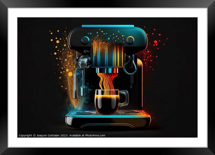 A close-up of a fantasy modern espresso machine brewing coffee i Framed Mounted Print by Joaquin Corbalan