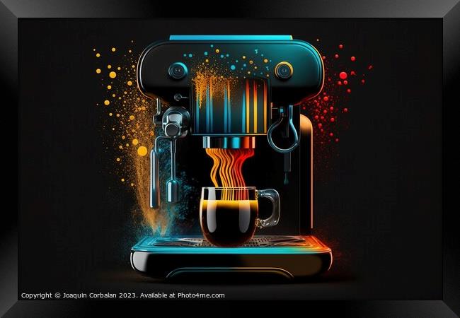 A close-up of a fantasy modern espresso machine brewing coffee i Framed Print by Joaquin Corbalan