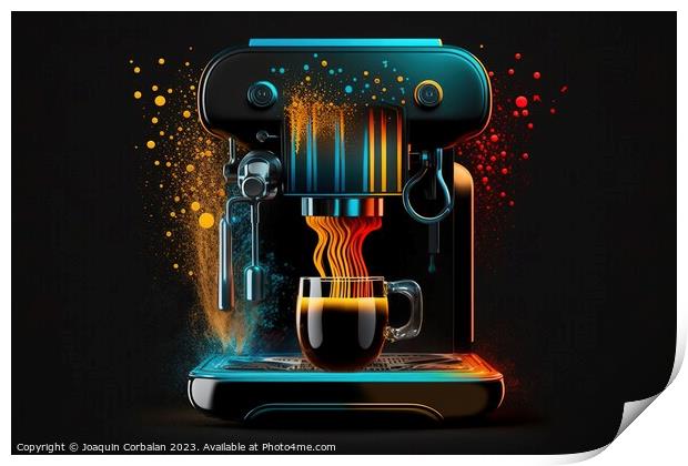 A close-up of a fantasy modern espresso machine brewing coffee i Print by Joaquin Corbalan