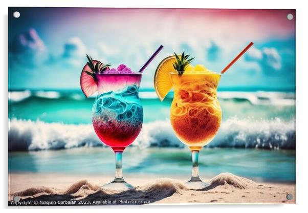 Two glasses with refreshing fruity cocktails. Ai generated. Acrylic by Joaquin Corbalan