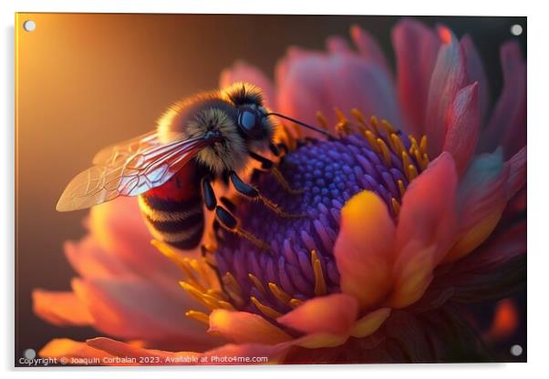 A beautiful honey bee is backlit by a stunning sunset, the color Acrylic by Joaquin Corbalan