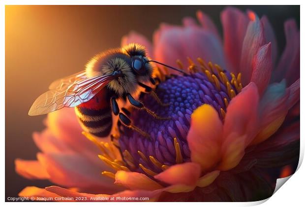 A beautiful honey bee is backlit by a stunning sunset, the color Print by Joaquin Corbalan