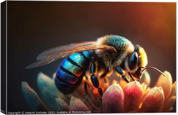 A beautiful honey bee gathers pollen from a flower petal in this Canvas Print by Joaquin Corbalan