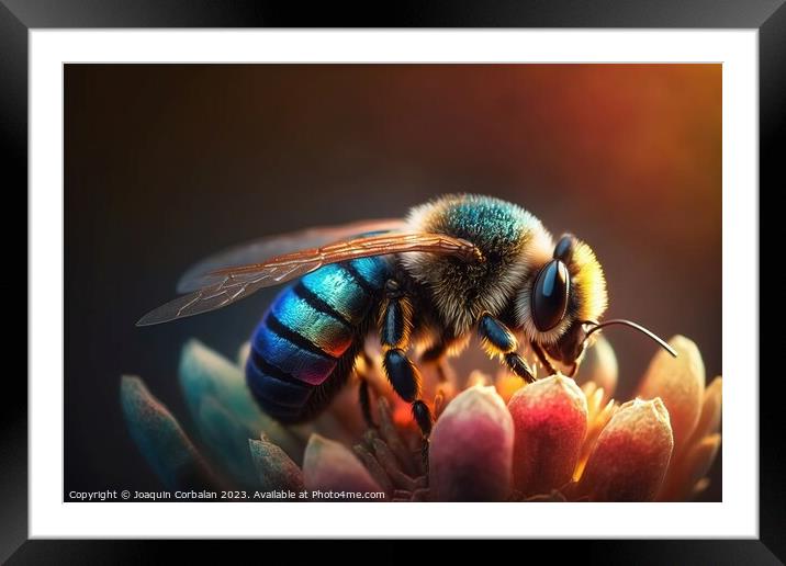 A beautiful honey bee gathers pollen from a flower petal in this Framed Mounted Print by Joaquin Corbalan