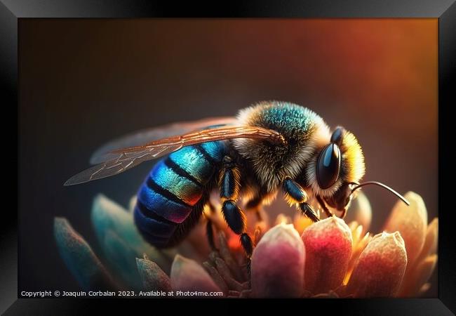 A beautiful honey bee gathers pollen from a flower petal in this Framed Print by Joaquin Corbalan