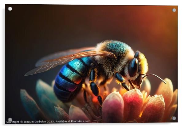 A beautiful honey bee gathers pollen from a flower petal in this Acrylic by Joaquin Corbalan