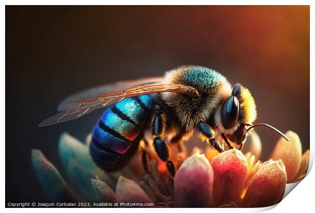 A beautiful honey bee gathers pollen from a flower petal in this Print by Joaquin Corbalan