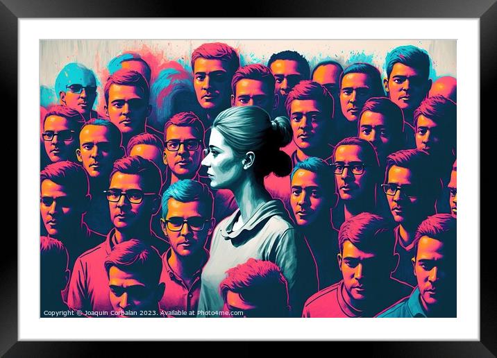 Face of a woman among many other men, concept of women's empower Framed Mounted Print by Joaquin Corbalan