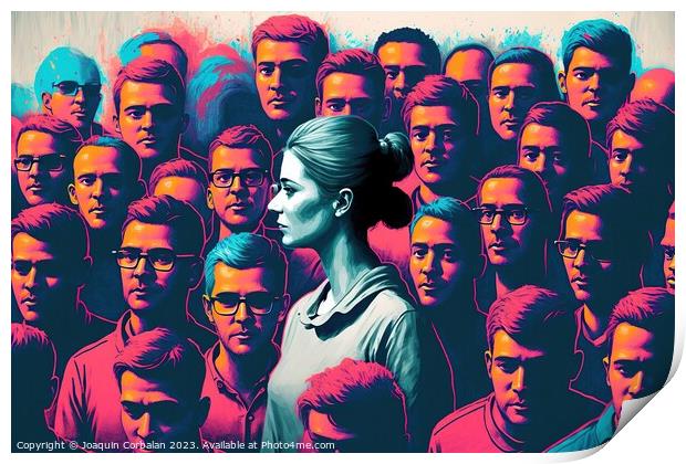 Face of a woman among many other men, concept of women's empower Print by Joaquin Corbalan