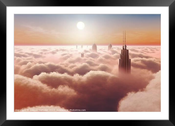 aerial view of sunrise in a big city, with skyscrapers sticking  Framed Mounted Print by Joaquin Corbalan