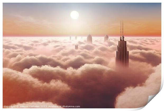 aerial view of sunrise in a big city, with skyscrapers sticking  Print by Joaquin Corbalan