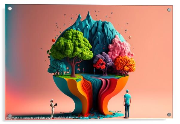 Surreal composition of colored trees in a world alien to humans. Acrylic by Joaquin Corbalan