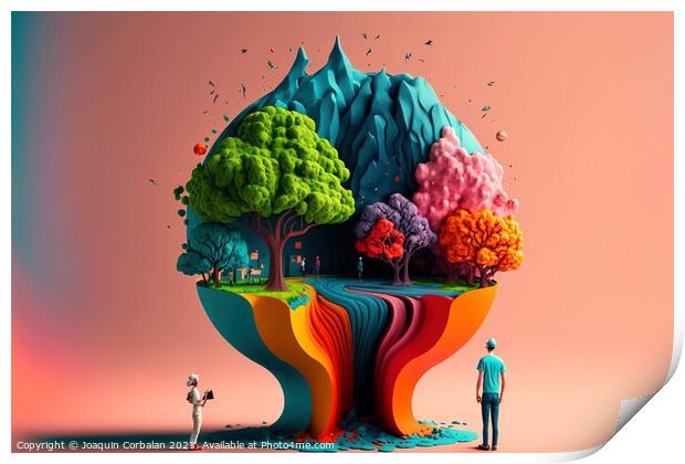 Surreal composition of colored trees in a world alien to humans. Print by Joaquin Corbalan