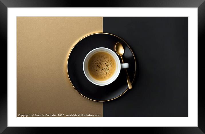 An elegant background with a cup of coffee in the center, viewed Framed Mounted Print by Joaquin Corbalan