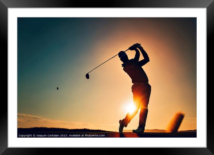 Silhouette of retired man playing golf at sunset.Ai generated. Framed Mounted Print by Joaquin Corbalan