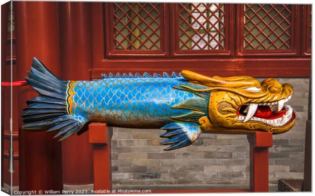 Old Wooden Dragon Fish Bell Fayuan Buddhist Temple Beijing China Canvas Print by William Perry