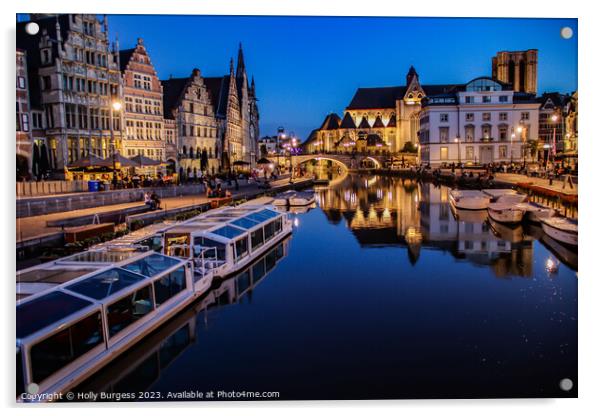 Ghent at night on two rivers that join Leie & Scheldt Rivers  Acrylic by Holly Burgess