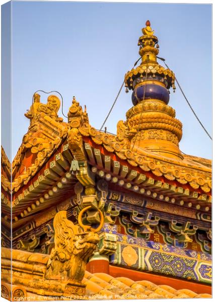 Roofs Figures Steeple Yonghe Gong Buddhist Temple Beijing China Canvas Print by William Perry