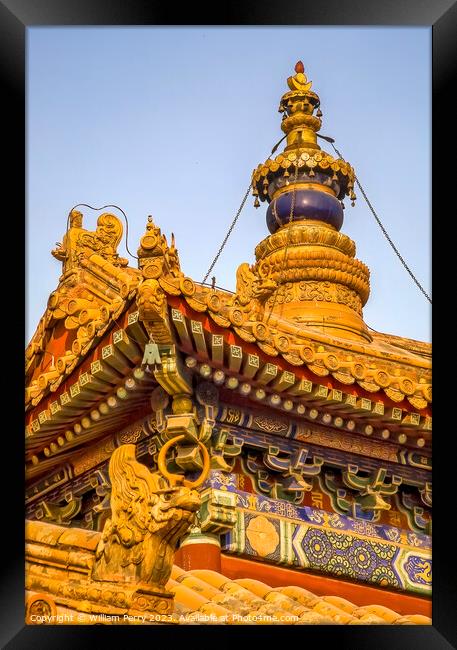 Roofs Figures Steeple Yonghe Gong Buddhist Temple Beijing China Framed Print by William Perry