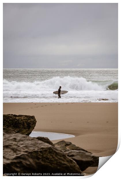 Surfer at Porth Ceiriad, Wales Print by Gerwyn Roberts