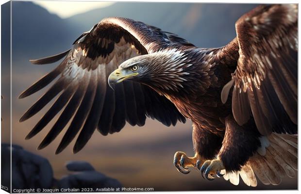An eagle flies beautifully, close-up of the head.  Canvas Print by Joaquin Corbalan