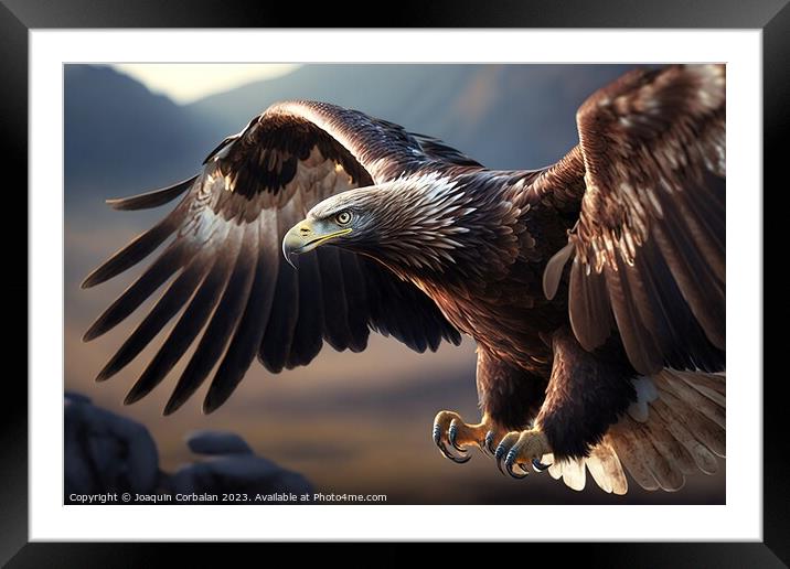 An eagle flies beautifully, close-up of the head.  Framed Mounted Print by Joaquin Corbalan