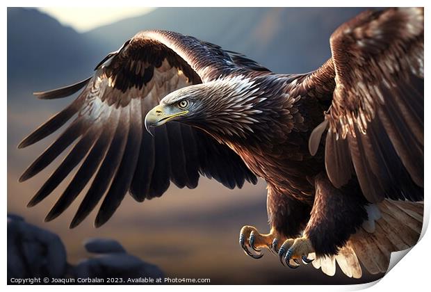 An eagle flies beautifully, close-up of the head.  Print by Joaquin Corbalan
