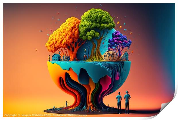 Colorful imaginary abstract worlds, sustainability concept on a  Print by Joaquin Corbalan