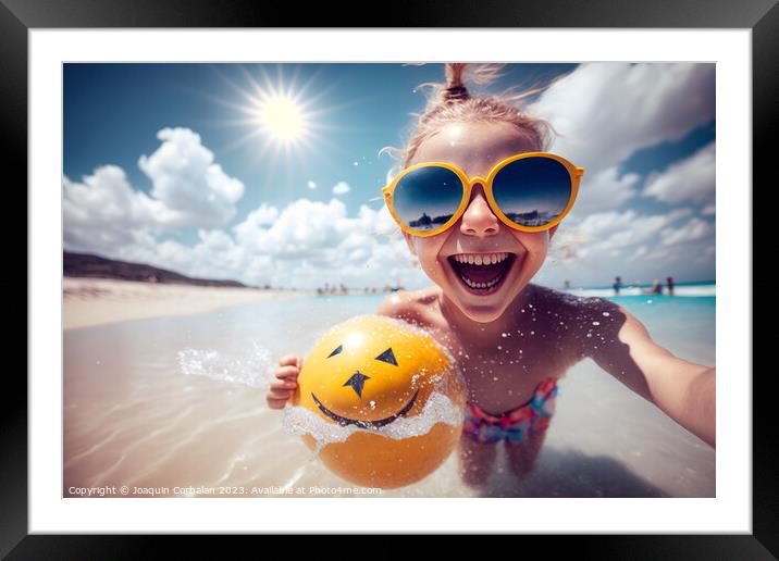 A happy girl in the sea water bathes on the beach smiling. Ai ge Framed Mounted Print by Joaquin Corbalan