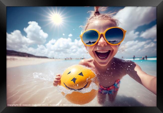 A happy girl in the sea water bathes on the beach smiling. Ai ge Framed Print by Joaquin Corbalan