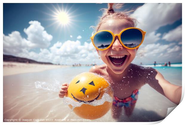 A happy girl in the sea water bathes on the beach smiling. Ai ge Print by Joaquin Corbalan