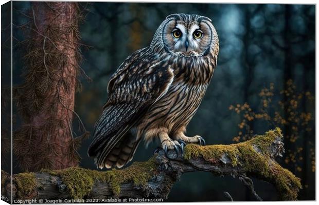 A majestic owl on a branch in a forest. Ai generat Canvas Print by Joaquin Corbalan