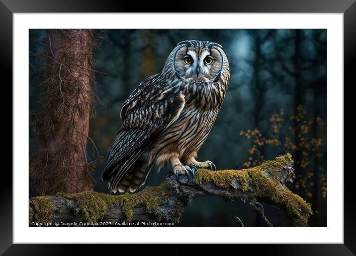 A majestic owl on a branch in a forest. Ai generat Framed Mounted Print by Joaquin Corbalan