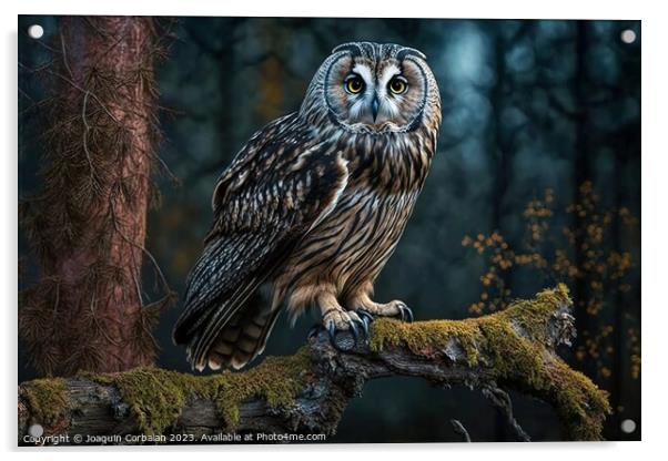 A majestic owl on a branch in a forest. Ai generat Acrylic by Joaquin Corbalan