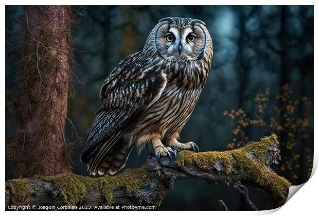 A majestic owl on a branch in a forest. Ai generat Print by Joaquin Corbalan