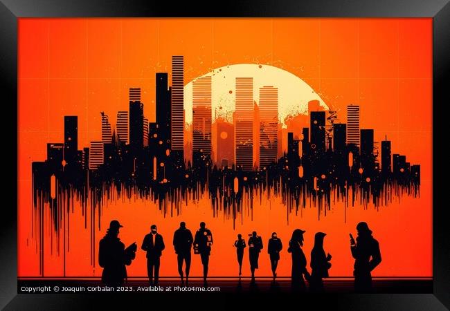 Futuristic illustration, book cover, of group of people, red bac Framed Print by Joaquin Corbalan