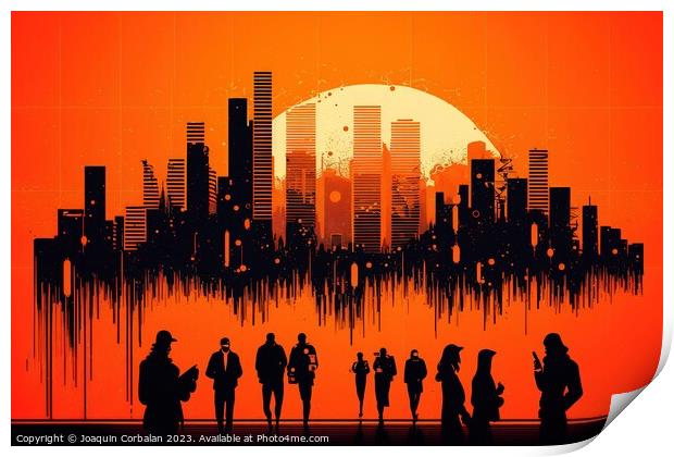 Futuristic illustration, book cover, of group of people, red bac Print by Joaquin Corbalan