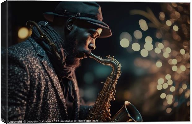 A black man plays a saxophone one night during a concert. Ai gen Canvas Print by Joaquin Corbalan