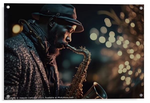 A black man plays a saxophone one night during a concert. Ai gen Acrylic by Joaquin Corbalan
