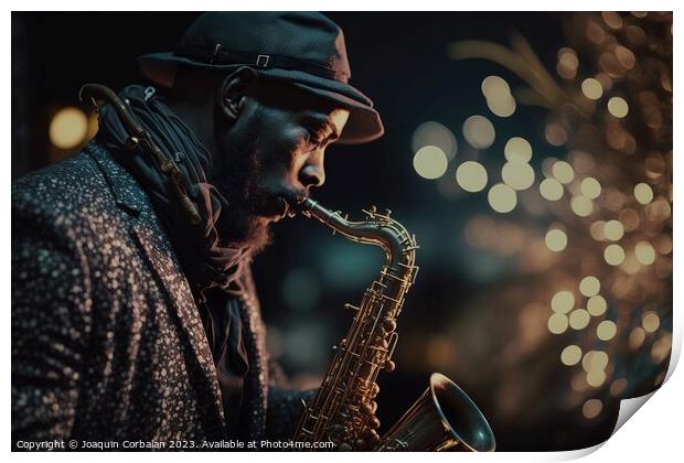 A black man plays a saxophone one night during a concert. Ai gen Print by Joaquin Corbalan