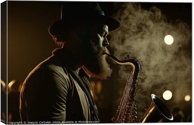 A black man plays a saxophone one night during a concert. Ai gen Canvas Print by Joaquin Corbalan