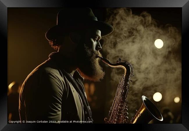 A black man plays a saxophone one night during a concert. Ai gen Framed Print by Joaquin Corbalan