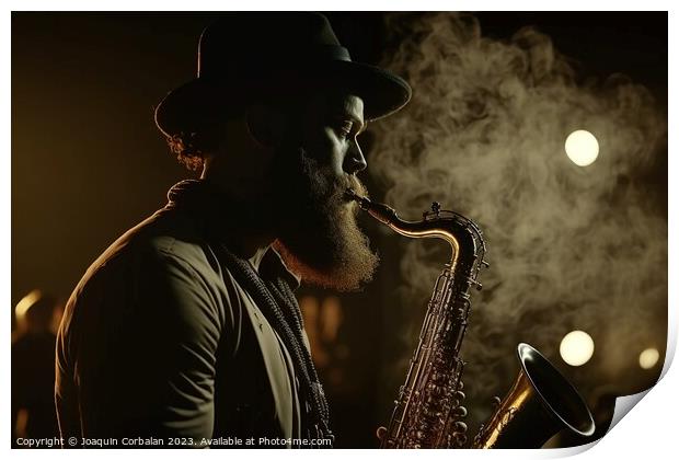 A black man plays a saxophone one night during a concert. Ai gen Print by Joaquin Corbalan